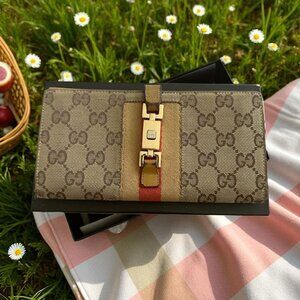 GUCCI Vintage Striped Logo Brown Tan Long Clutch Wallet w/ Box
